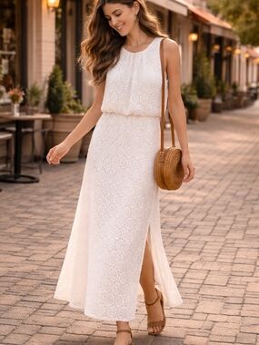 Chico's White Lace Maxi Dress Size 2 (Large) Boho Cottagecore Bridal Sleeveless